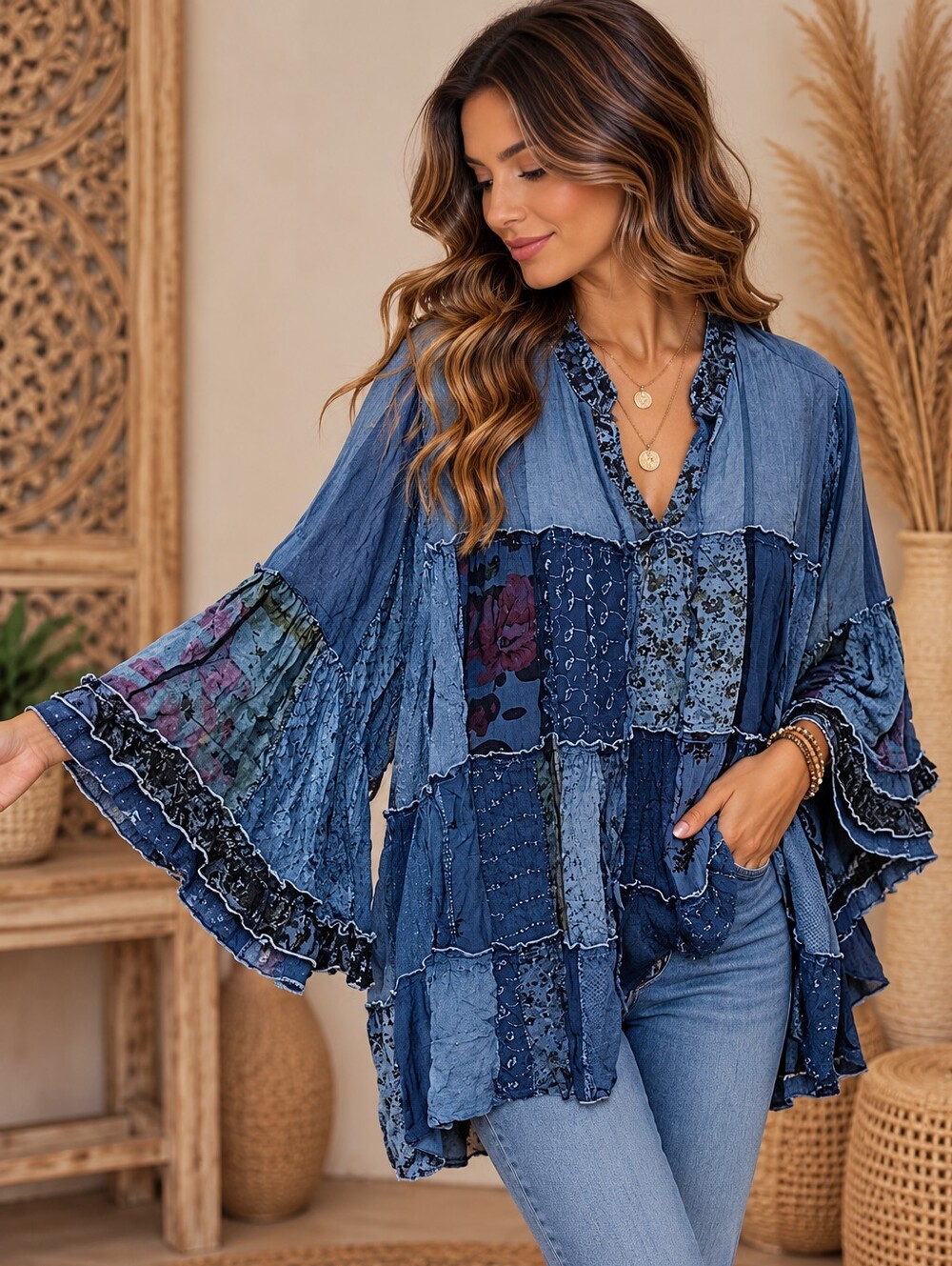 570.Bohemian  Patchwork Tunic Top - Blue
